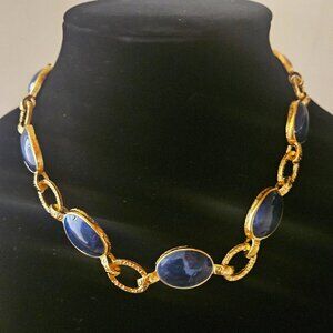 Vintage Royal Blue & Gold Tone Metal Lucite? Choker 16" Necklace